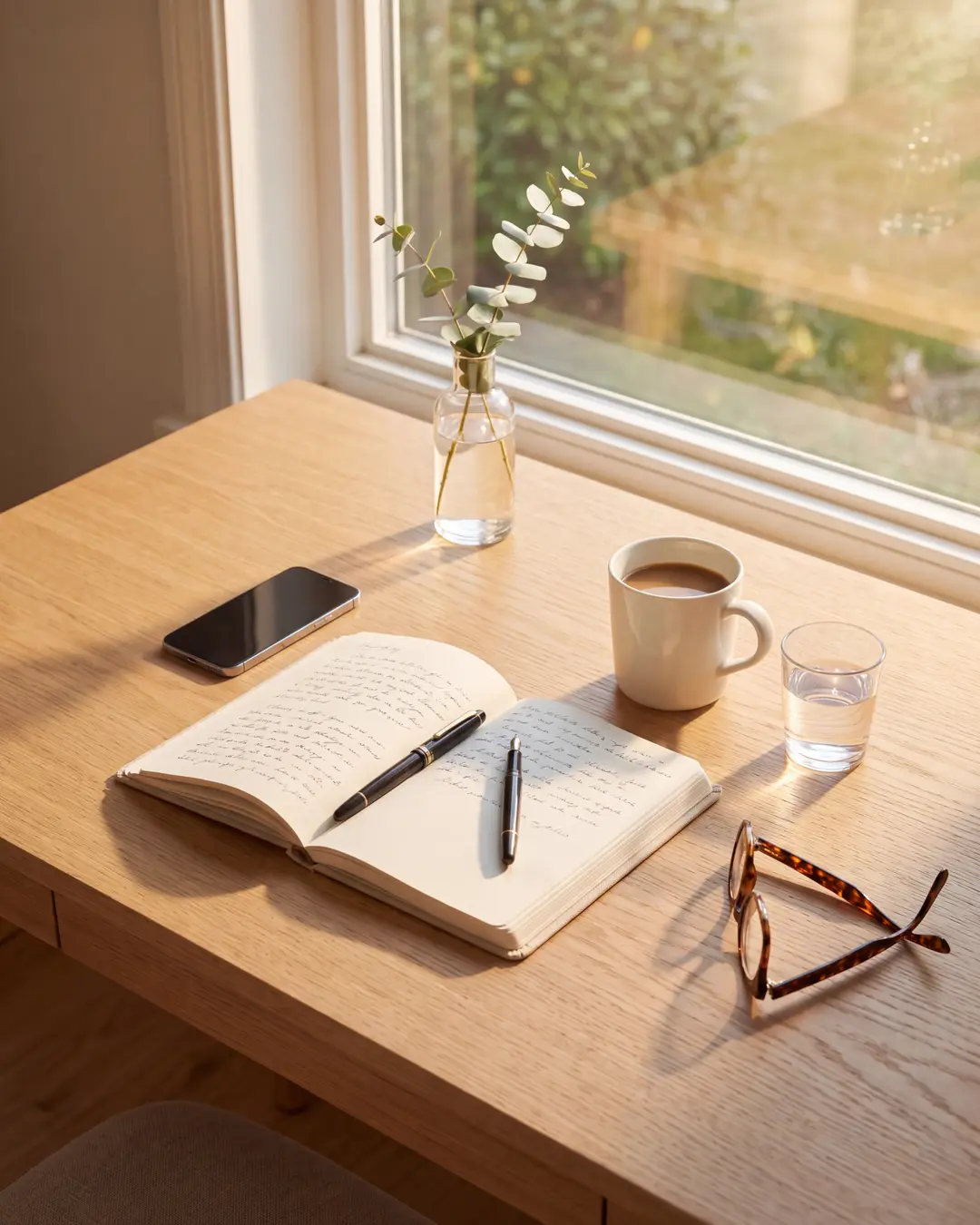 A working desk with a notebook, a phone and a coffee