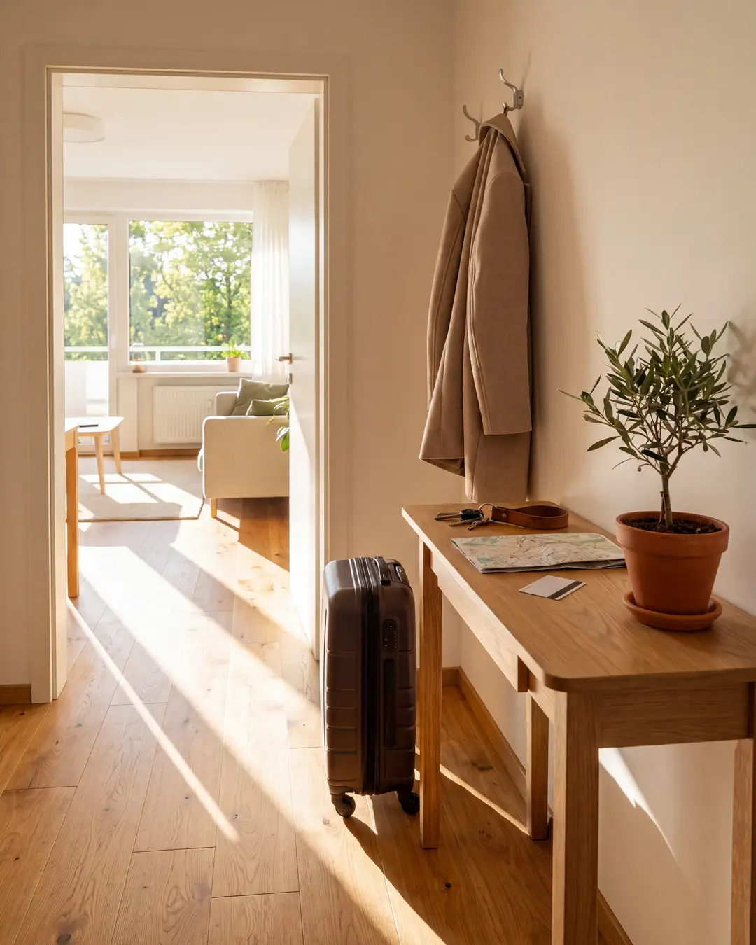 Luggage, keys and a city map in a bright apartment entrance on arrival day