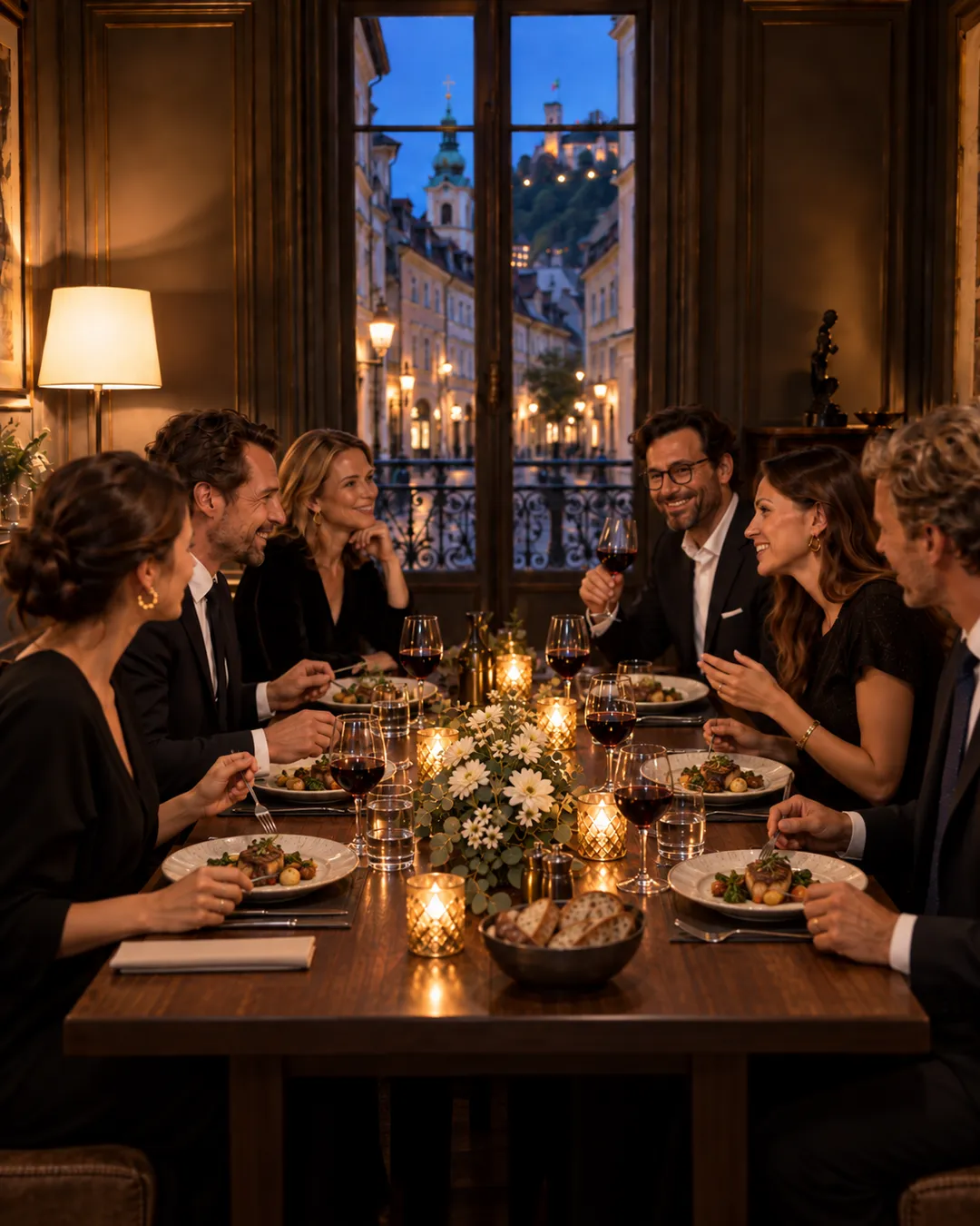 A group of business guests at dinner in a private dining room