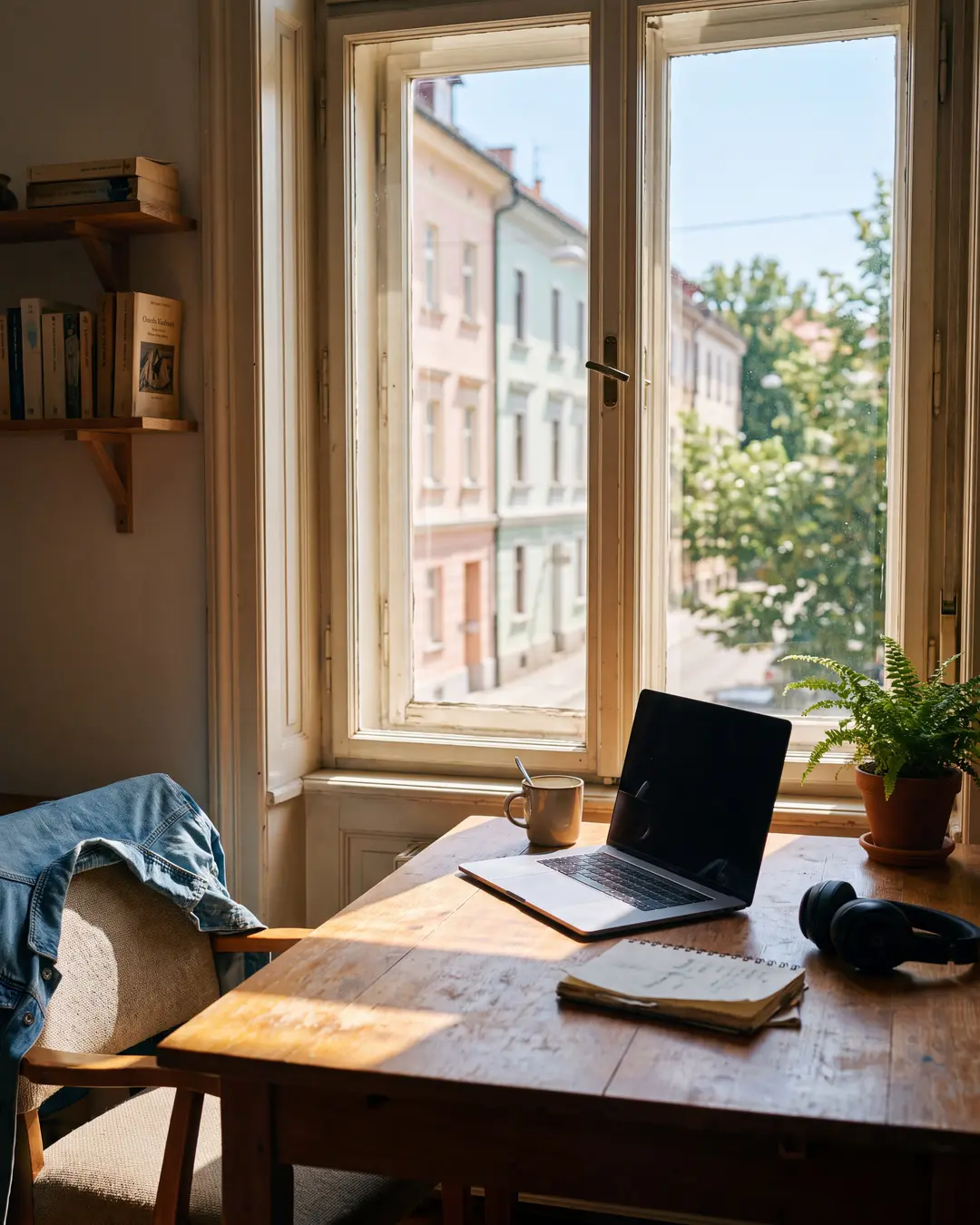 A desk in an apartment with a laptop and a coffee