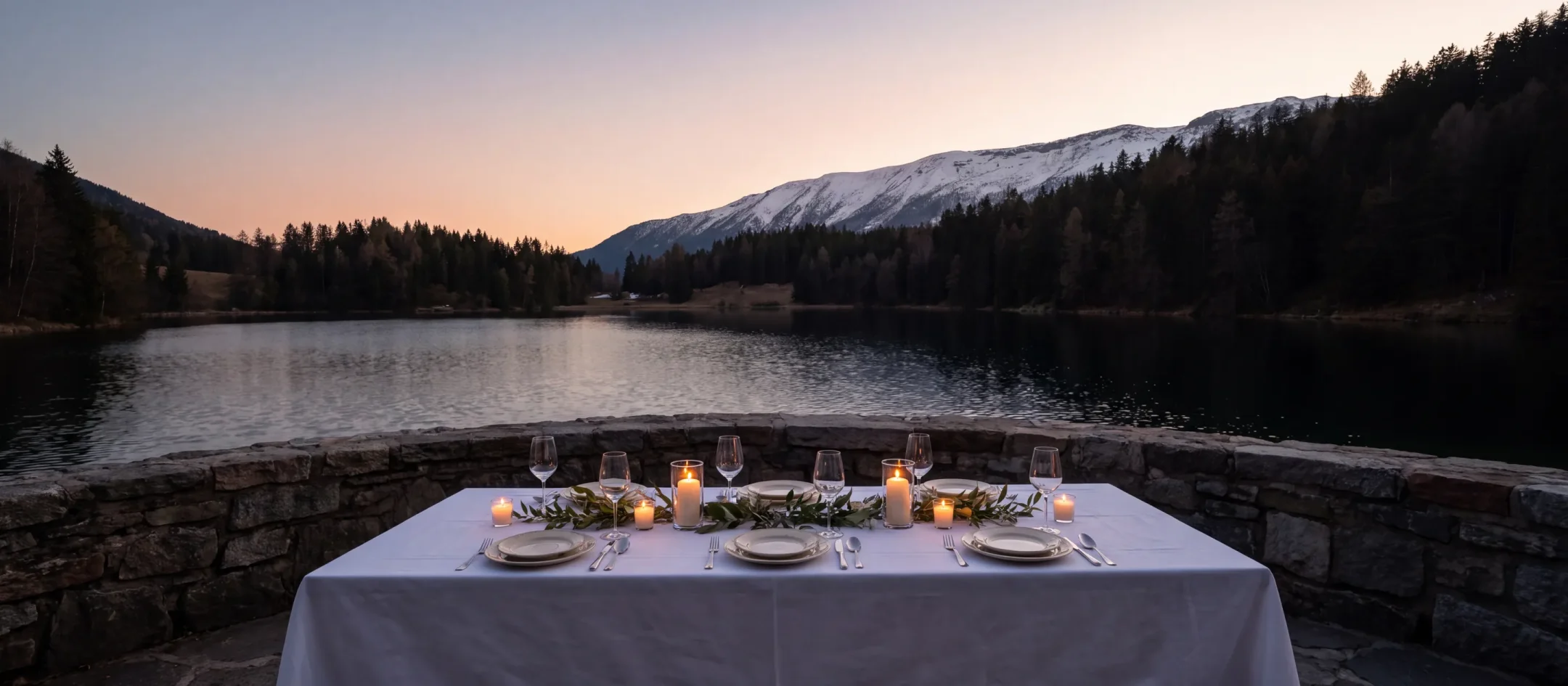 A long table set for an evening celebration on a terrace above an alpine lake at dusk
