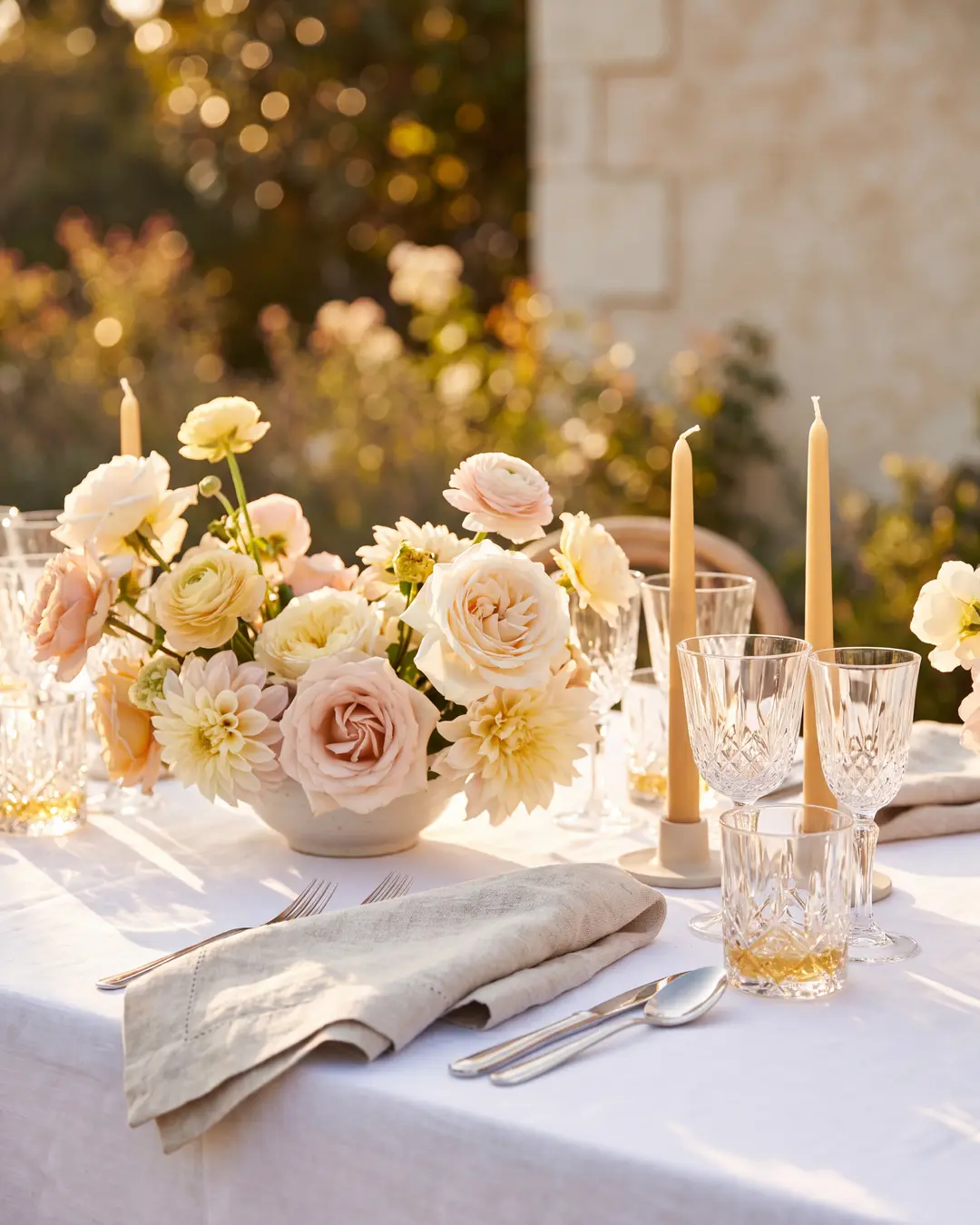 A floral arrangement on a table beside candles