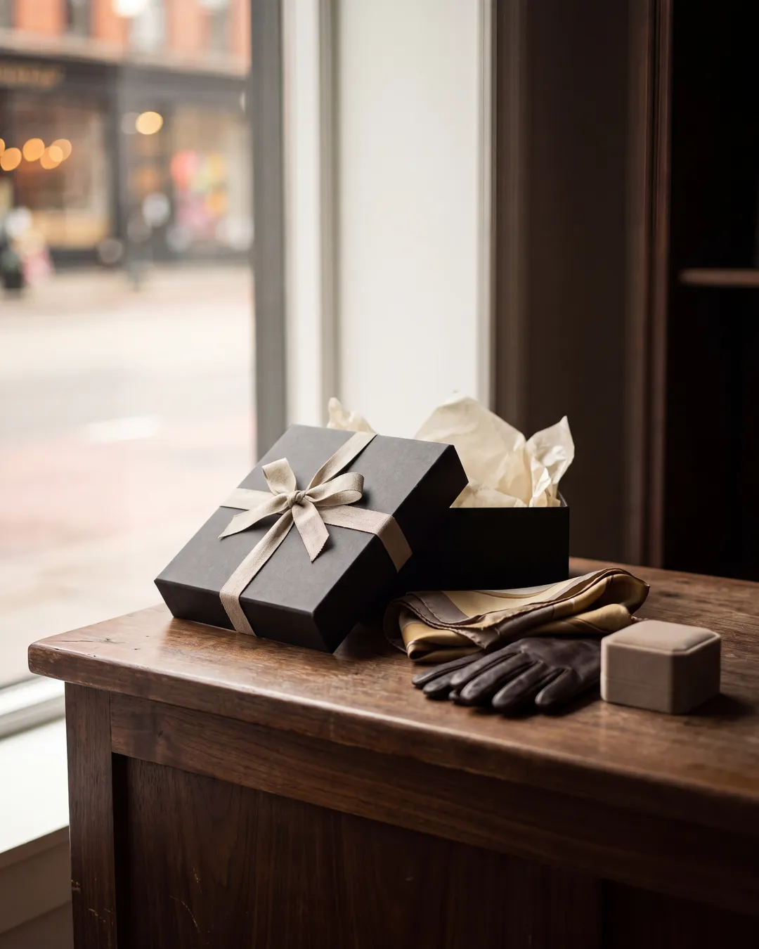 A carefully wrapped gift with linen ribbon on a wooden table by a shop window