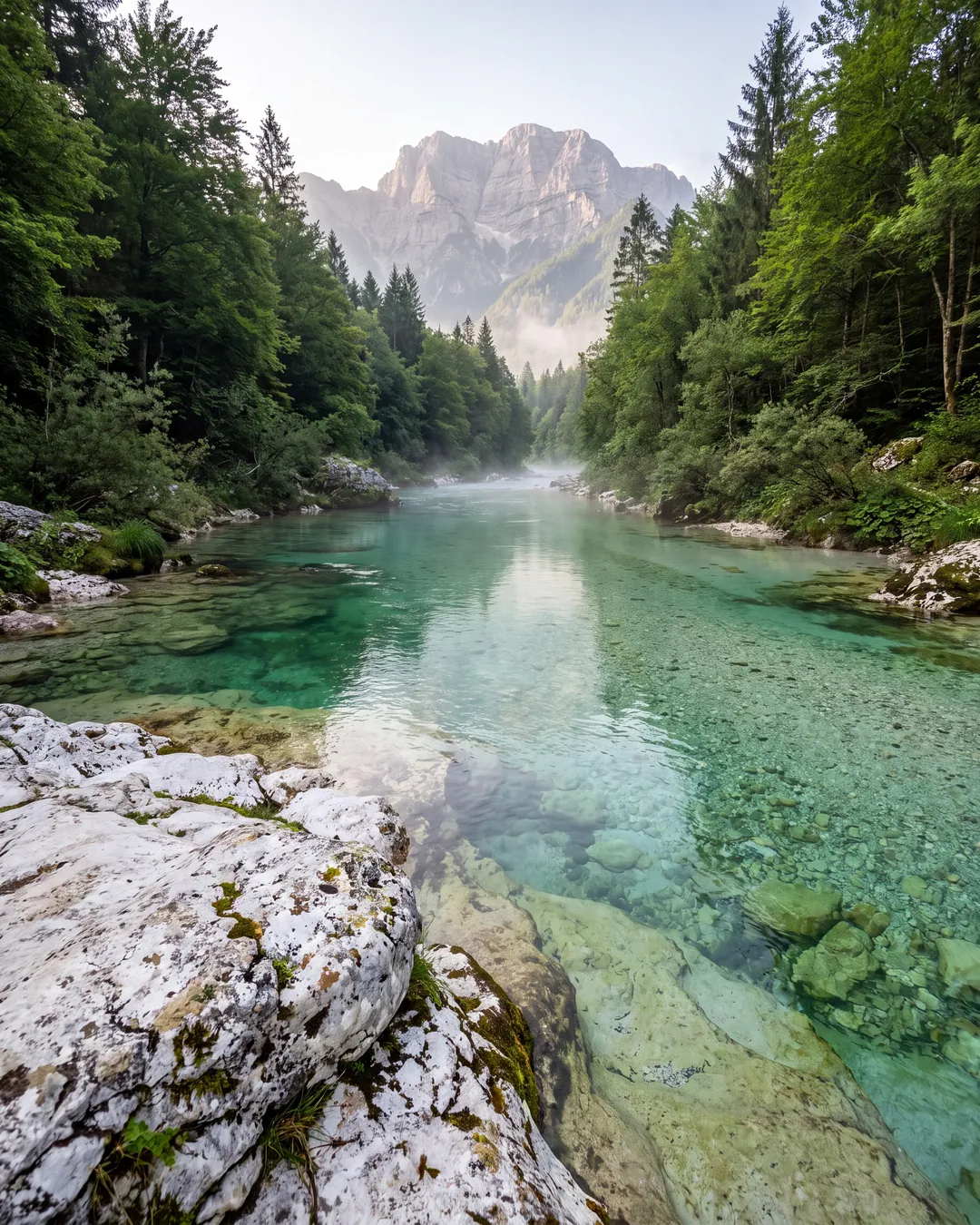 The emerald Soča river between wooded banks in morning light