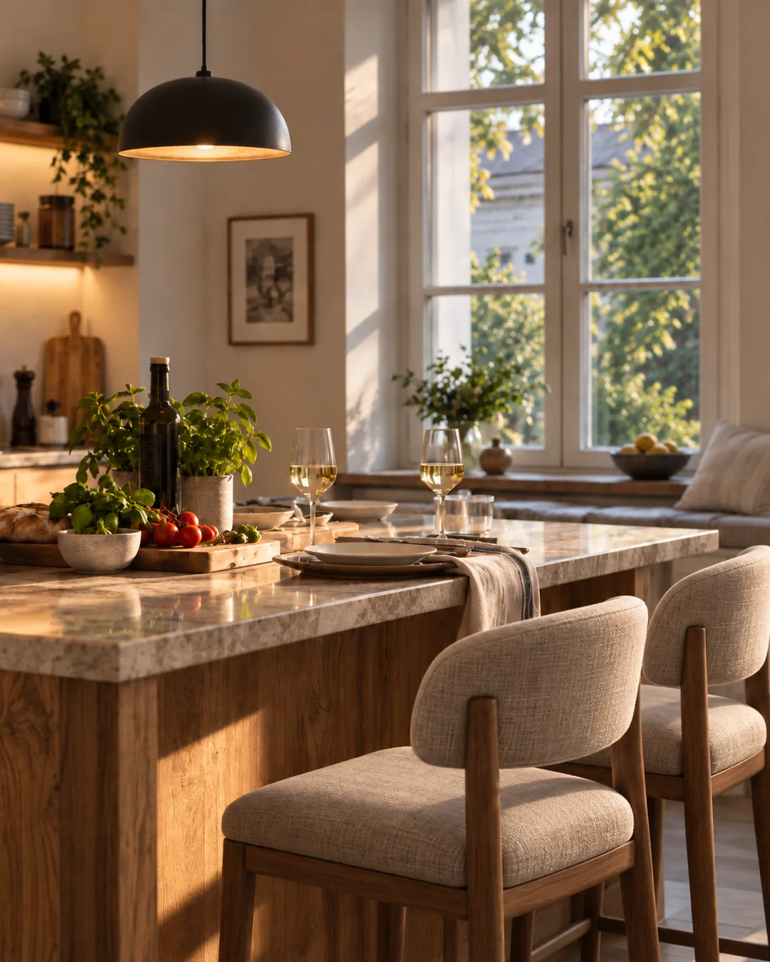A kitchen island with fresh ingredients and two glasses of wine in evening light