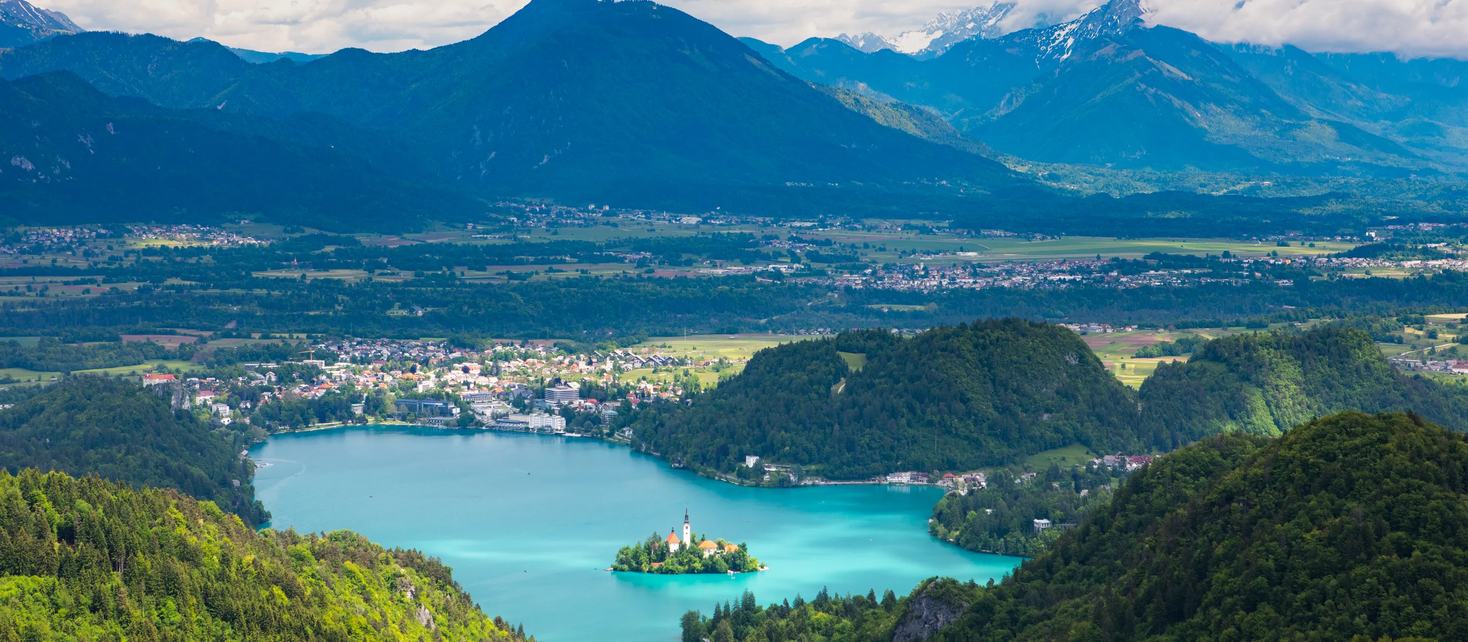 Lake Bled and the island seen from above, the Karavanke range behind