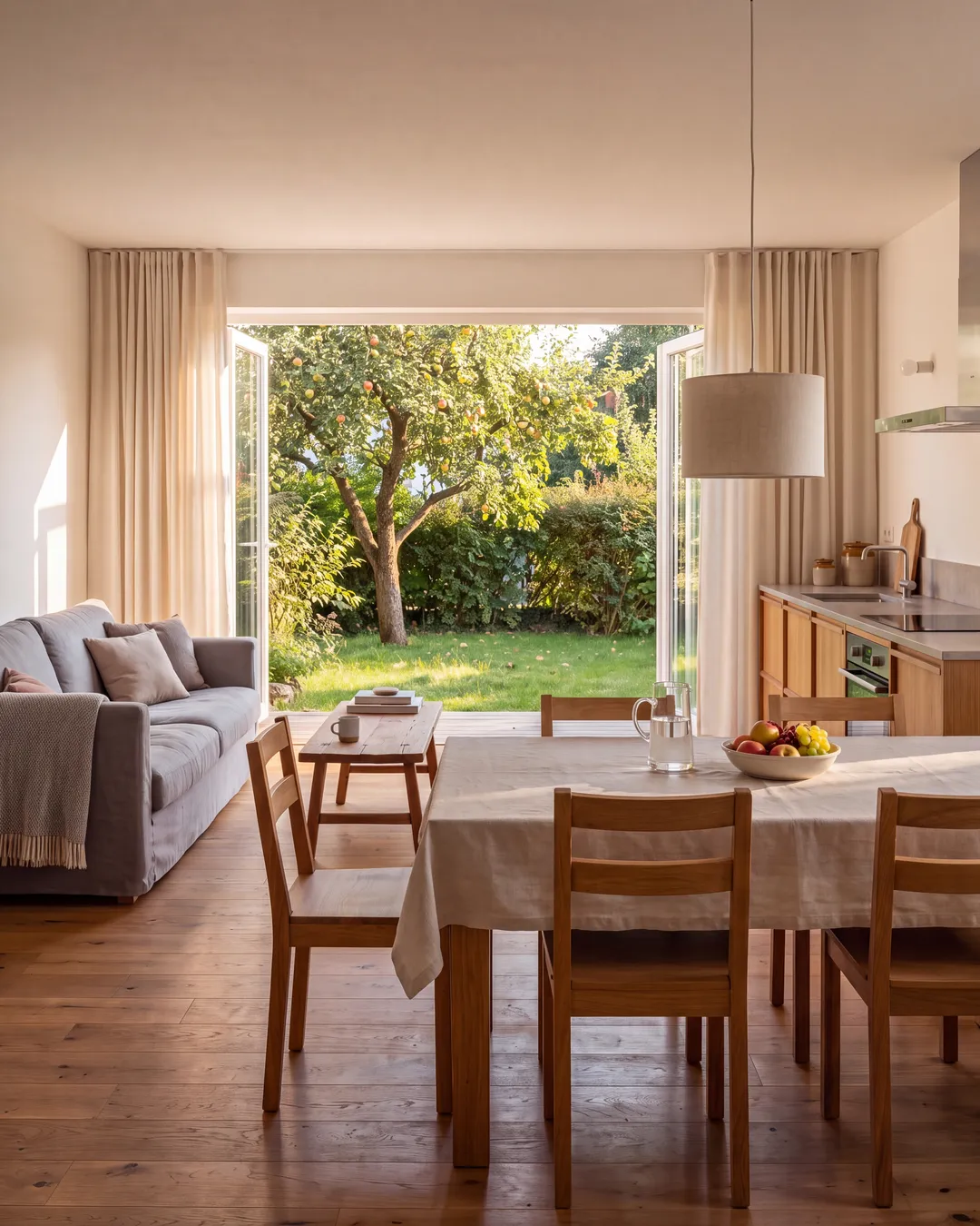 A bright apartment living room with a dining table and garden window