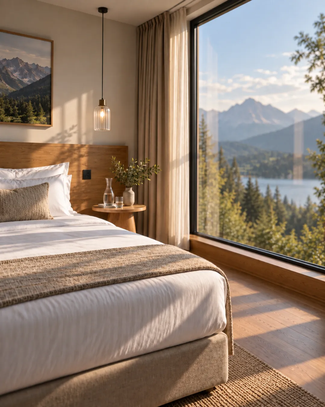 A hotel room with curtains drawn back and morning light
