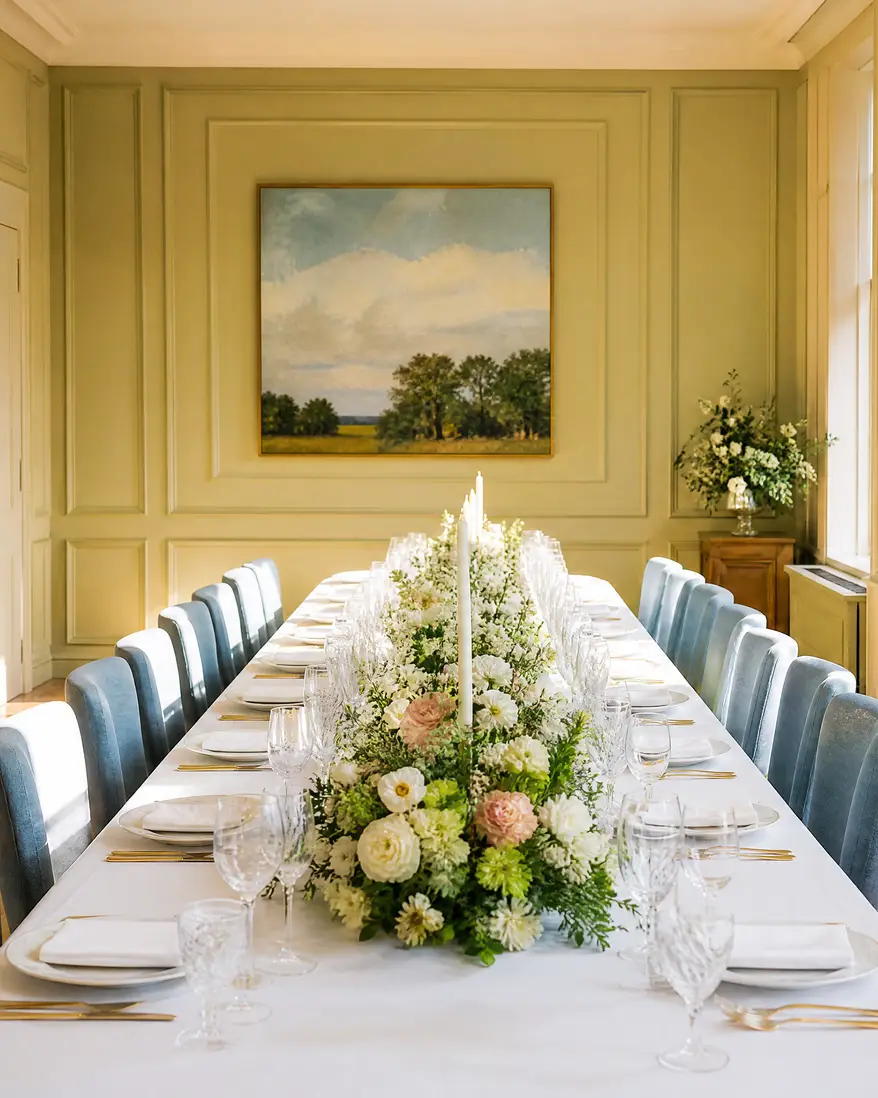 A candlelit hall prepared before guests arrive