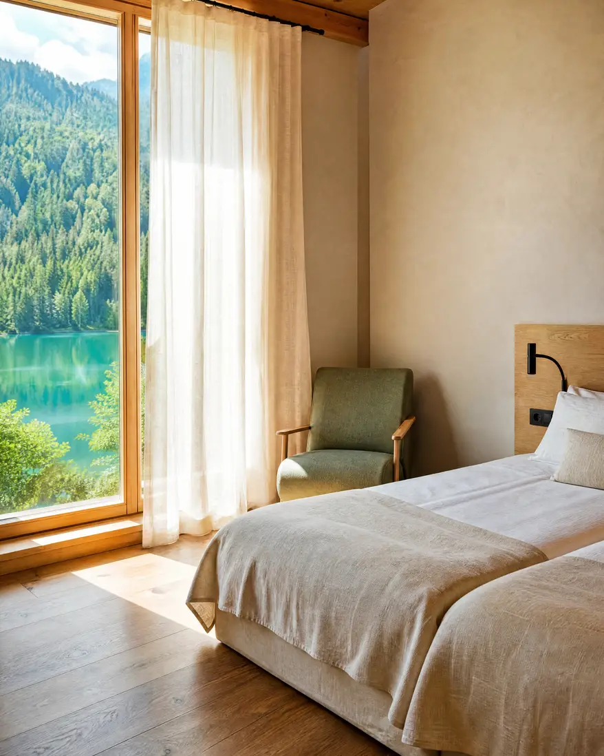 A calm hotel room with a large window looking onto Slovenian countryside