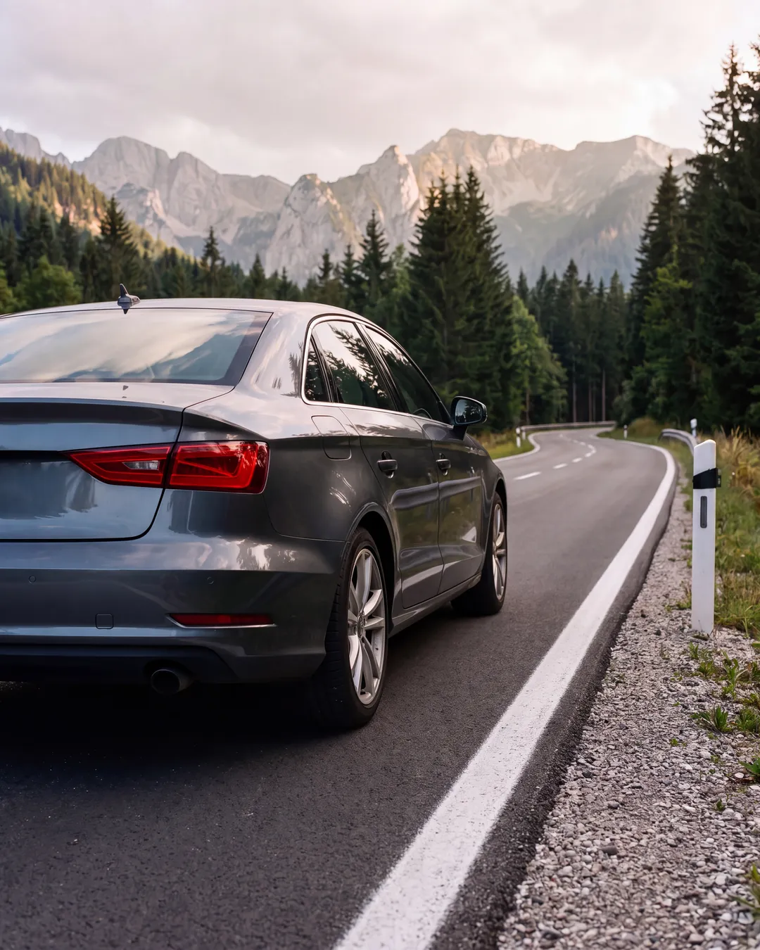 A dark saloon parked on the shoulder of an alpine road, peaks behind