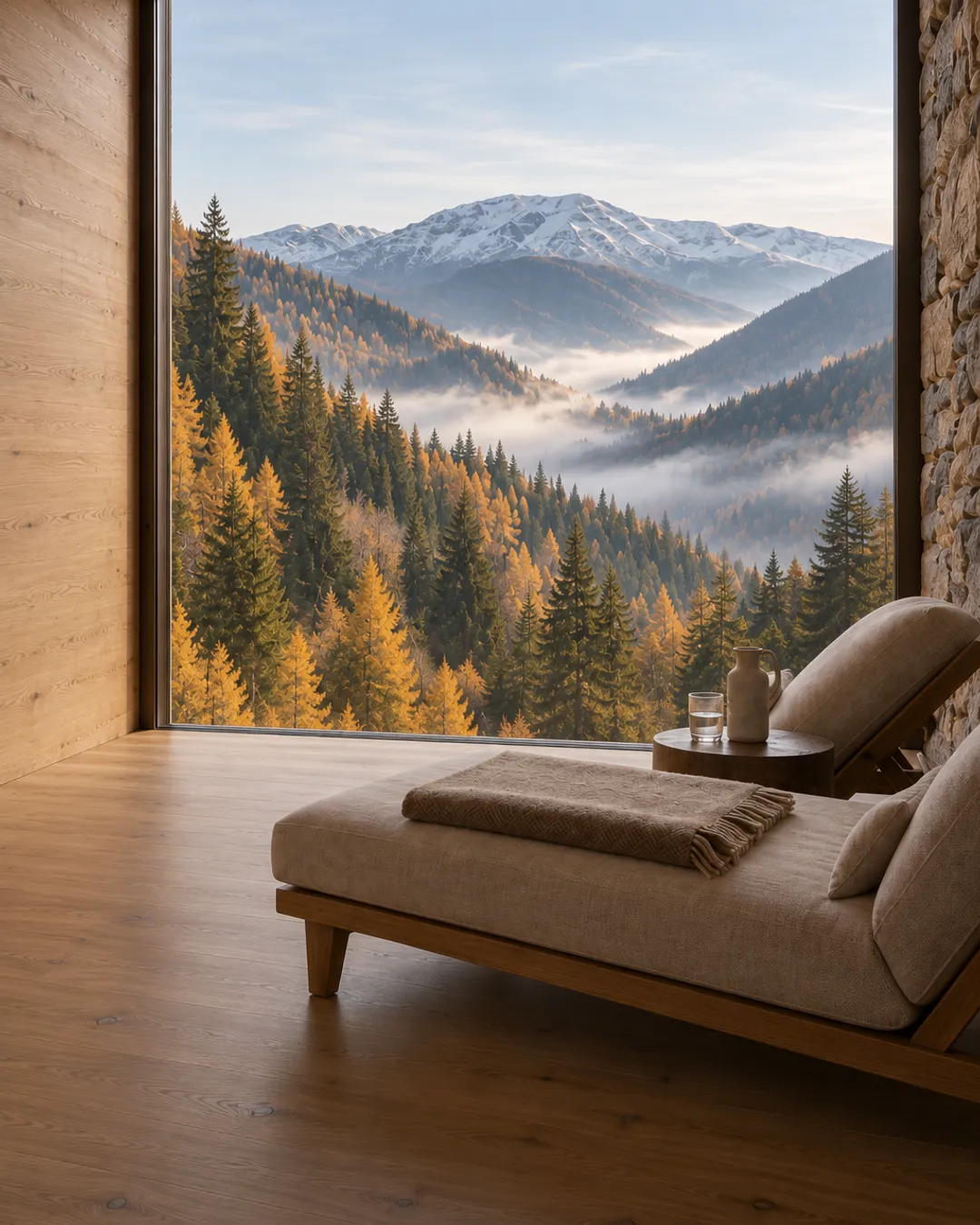 A linen lounger with a wool blanket by a tall window onto a misty alpine valley