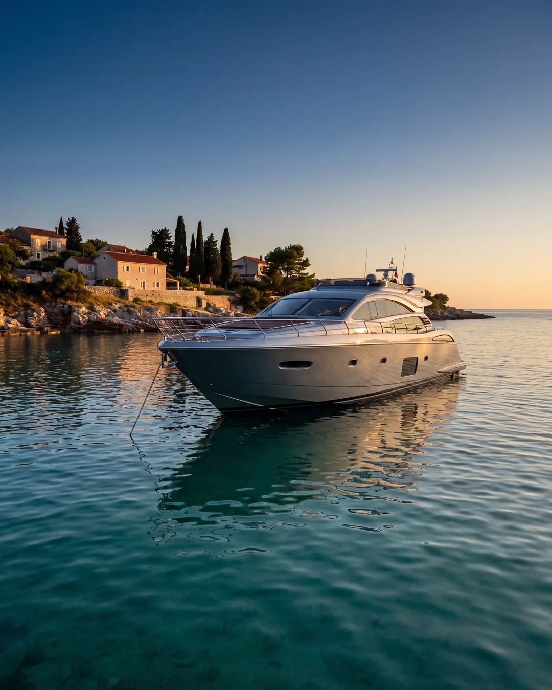 A motor yacht at anchor in a quiet bay on the Slovenian coast
