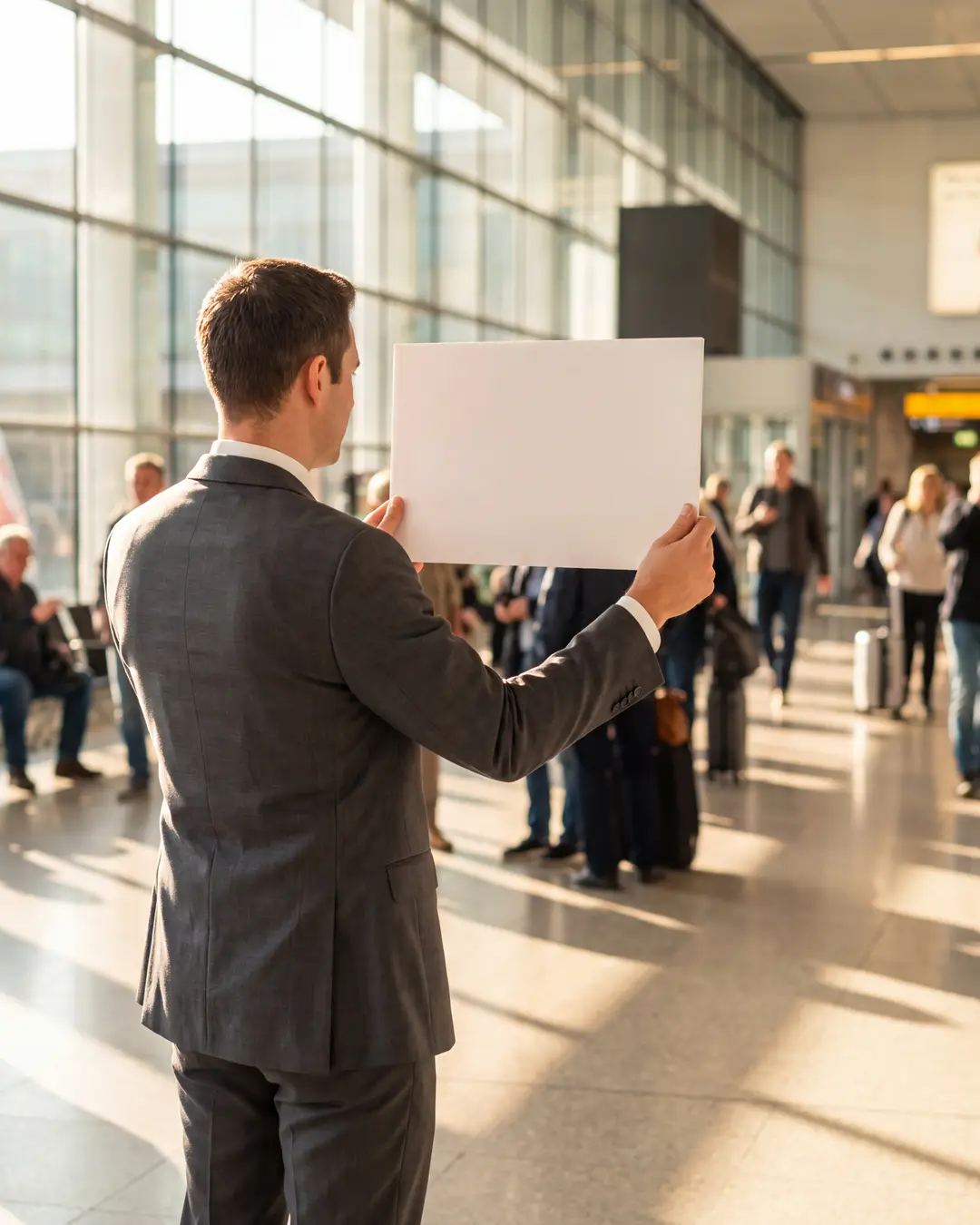 A driver holding a name board in an airport arrivals hall