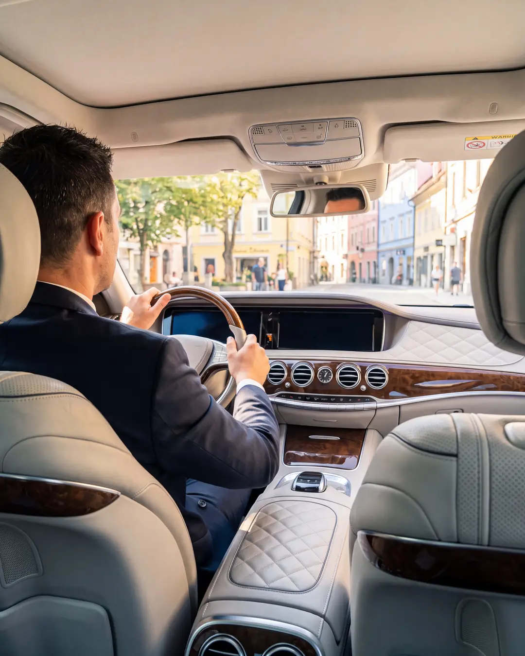 The interior of an executive car during a city journey