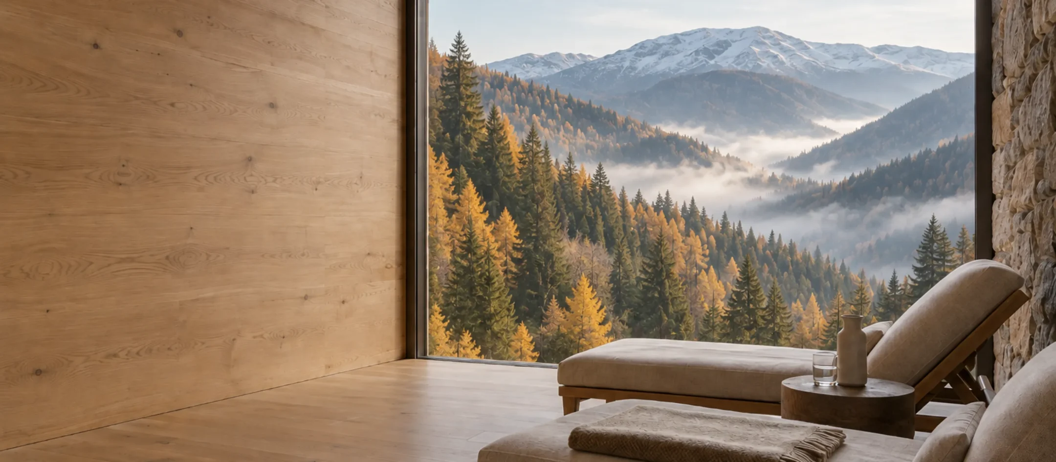 A quiet relaxation room with linen loungers facing a tall window onto a misty alpine valley of spruce and golden larch