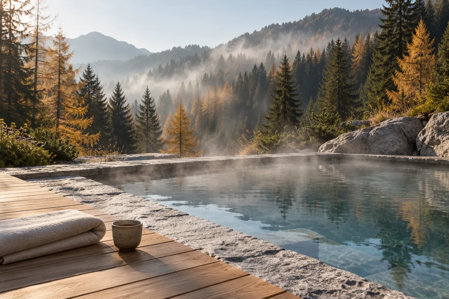 A steaming outdoor thermal pool set in limestone at the edge of an alpine forest, a folded linen towel and a cup of tea on the larch deck